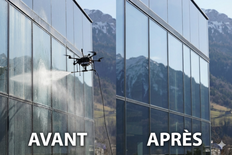 Nettoyage de vitres en hauteur de bureaux par drone