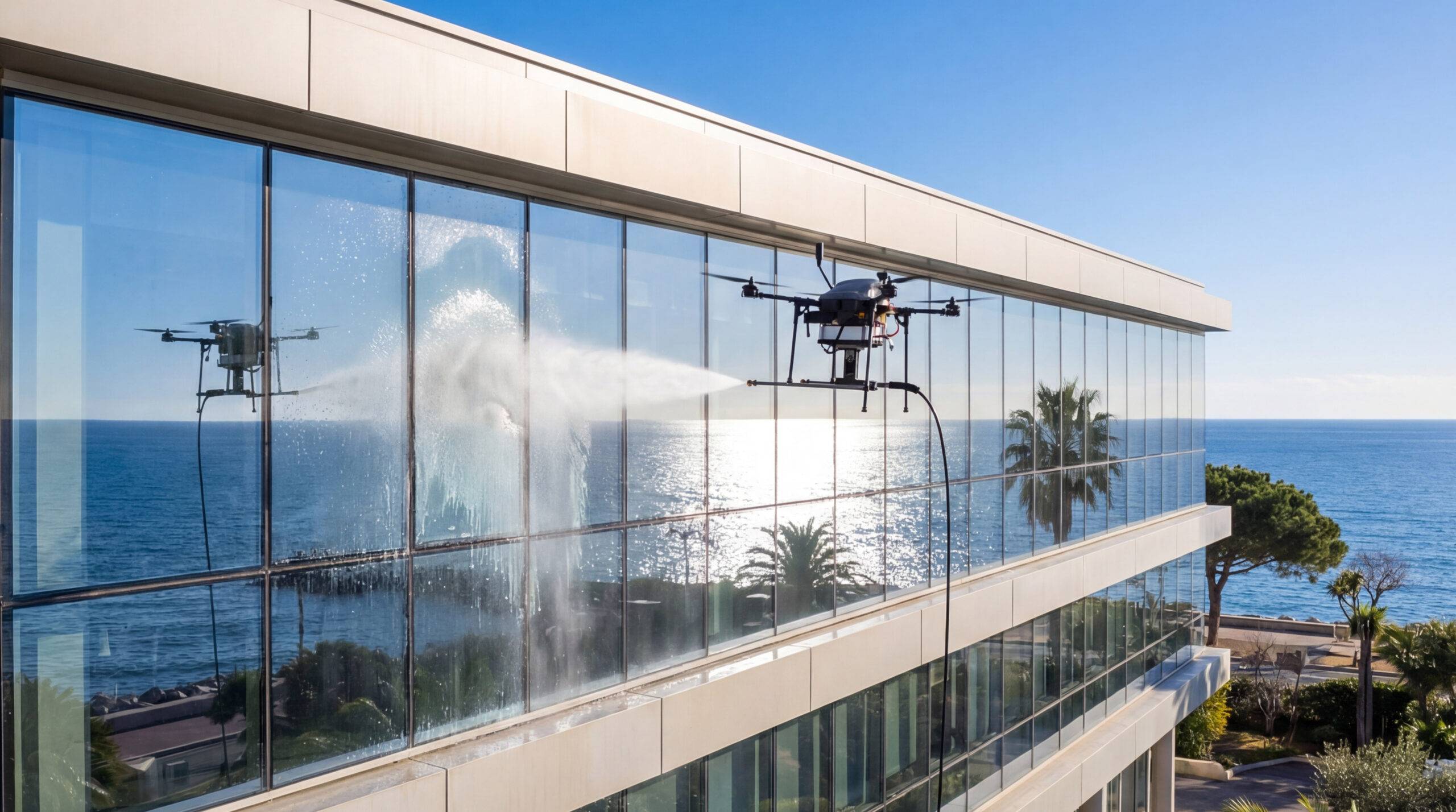 Nettoyage de vitres de bureau par drone