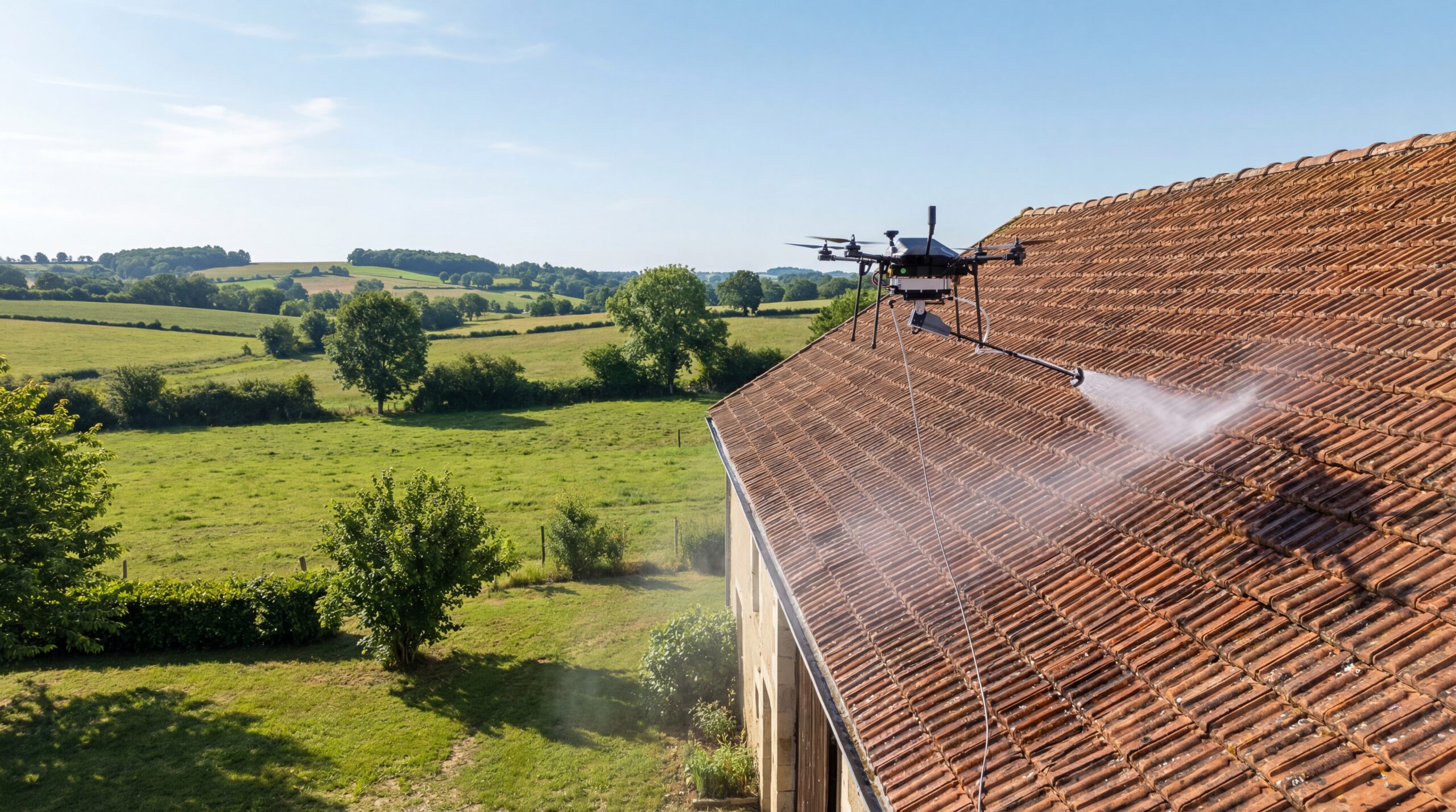 Drone professionnel en train de nettoyer une toiture par pulvérisation, intervention de nettoyage par drone en hauteur sans risque humain