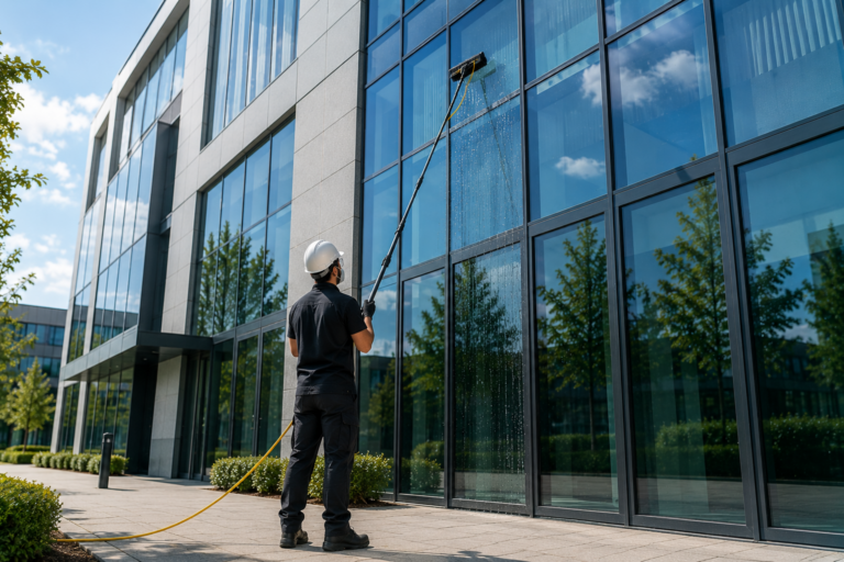 Un Opérateur Nettoyant Une Façade Vitrée Avec Une Perche Eau Pure Depuis Le Sol, Sans Nacelle